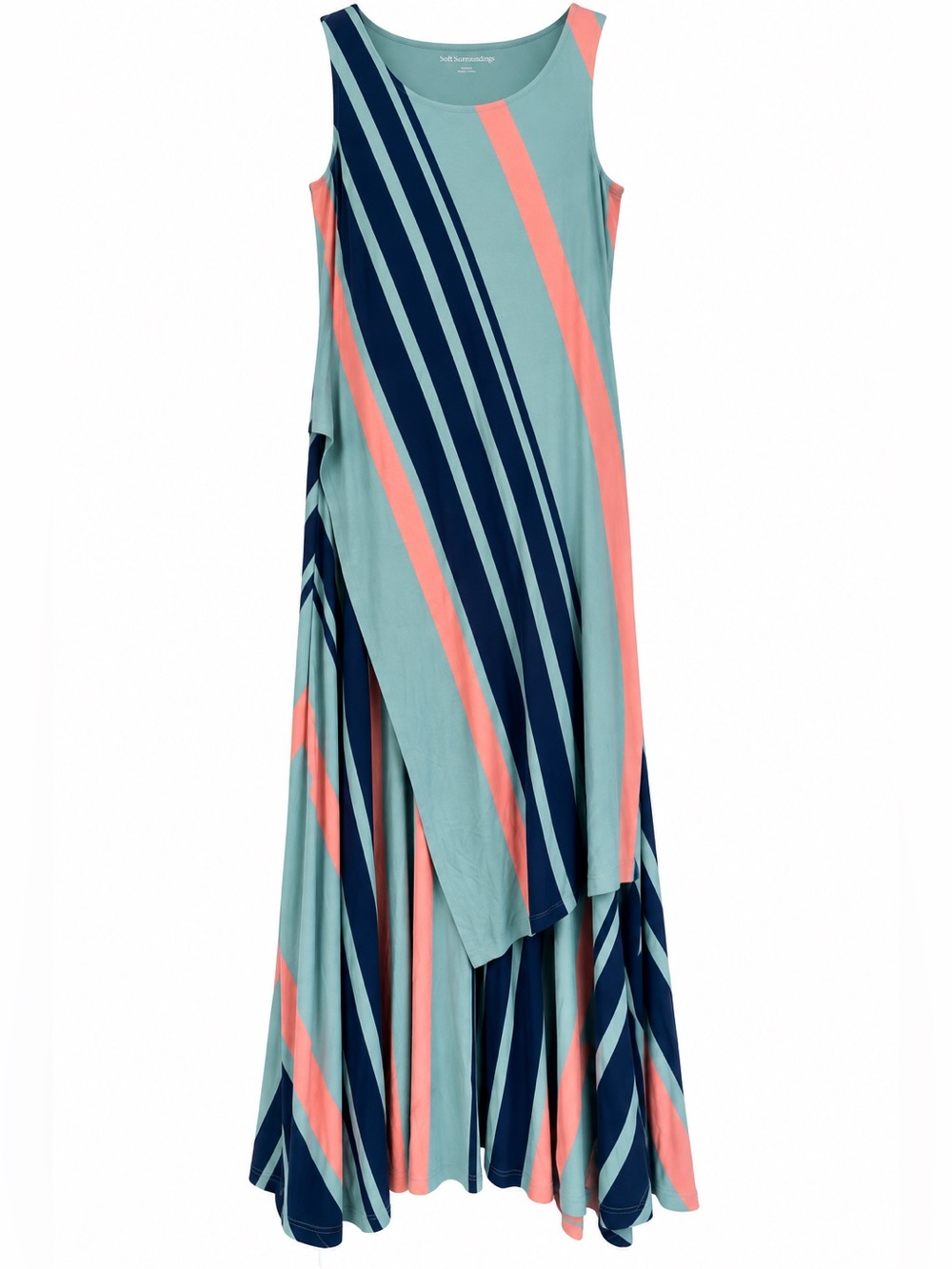 Soft Surroundings M Blue Coral Stripe Maxi Dress Sleeveless Swing A-Line boho